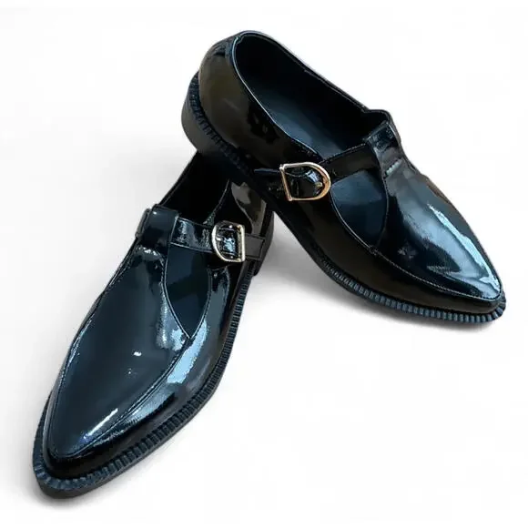 NIB Y2K Black Patent Faux Leather Chunky Platform Pointed Toe Mary Jane Shoes - Picture 4 of 7